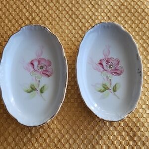 Vintage Handpainted Trinket Dishes Floral Pattern Pink Green Set Of 2 Jewelry